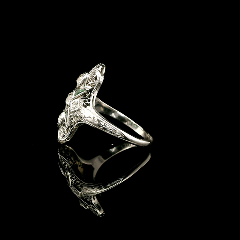 Art Deco .66ct. T.W. Diamond & Emerald Antique Wedding - Fashion Ring 18K White Gold - J43063