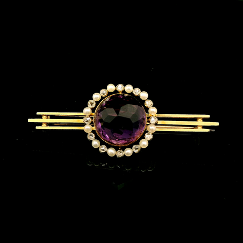 Victorian 6.50ct. Amethyst, Pearl & Diamond Antique Brooch Yellow Gold - J43214