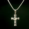 Silver crucifix pendant on a chain against a black background