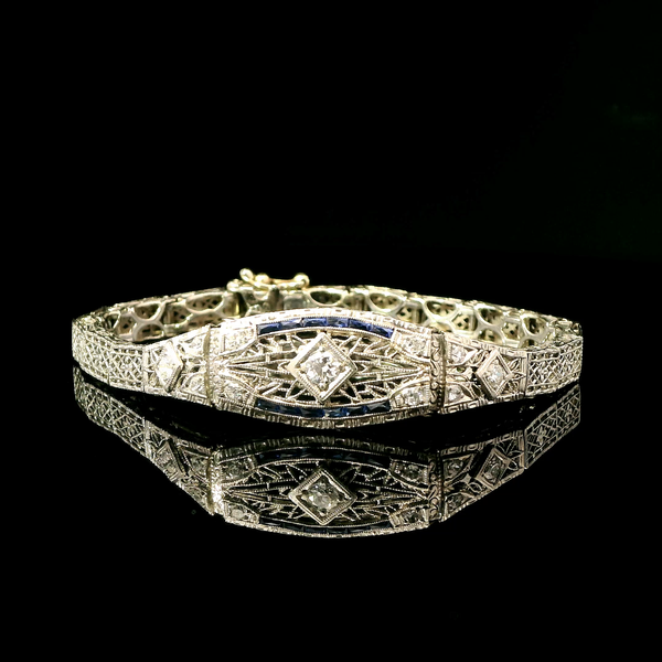Art Deco .28ct. T.W. Diamond & Sapphire Antique Bracelet White Gold - J43241