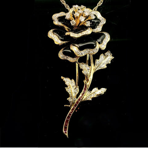 1.00ct. T.W. Diamond, Ruby & Onyx Estate Necklace - Brooch 18K Yellow & W/Gold - J43169