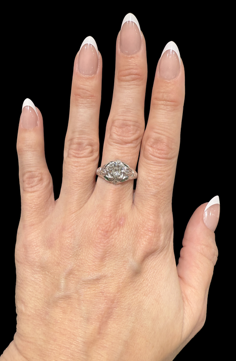 Art Deco 1.15ct. Diamond & Emerald Antique Engagement - Fashion Ring 18KWG - J43133