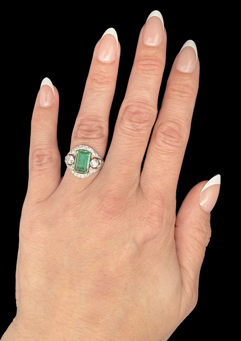 Edwardian 2.25ct. Emerald & Diamond Antique Wedding - Fashion Ring Platinum & Yellow Gold - J43117