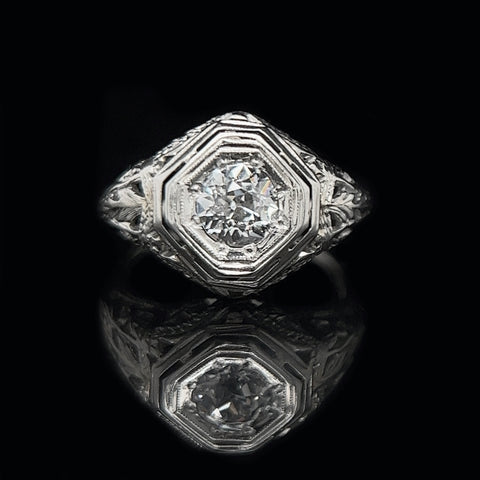 Edwardian .65ct. Diamond & 18K White Gold Antique Engagement - Fashion Ring - J34156