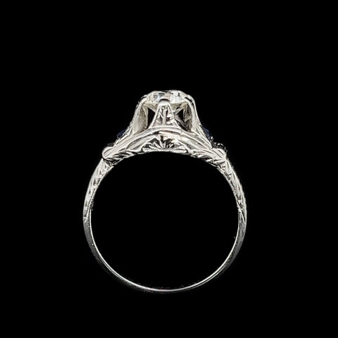 Art Deco .75ct. Diamond & Sapphire Antique Engagement - Fashion Ring 18K White Gold - J36608