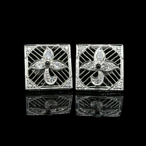 Art Deco .66ct. T.W. Diamond and Onyx Antique Earrings Platinum - J36819
