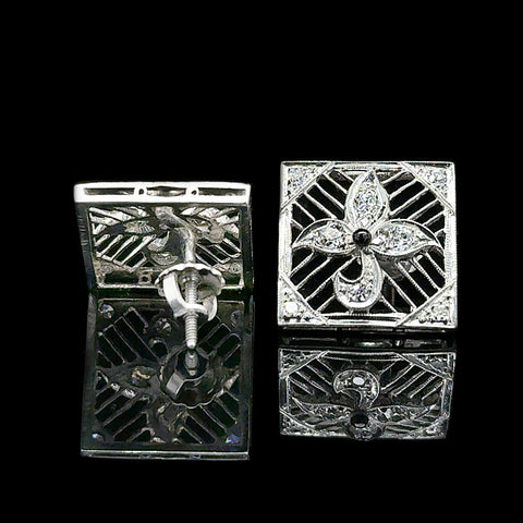 Art Deco .66ct. T.W. Diamond and Onyx Antique Earrings Platinum - J36819