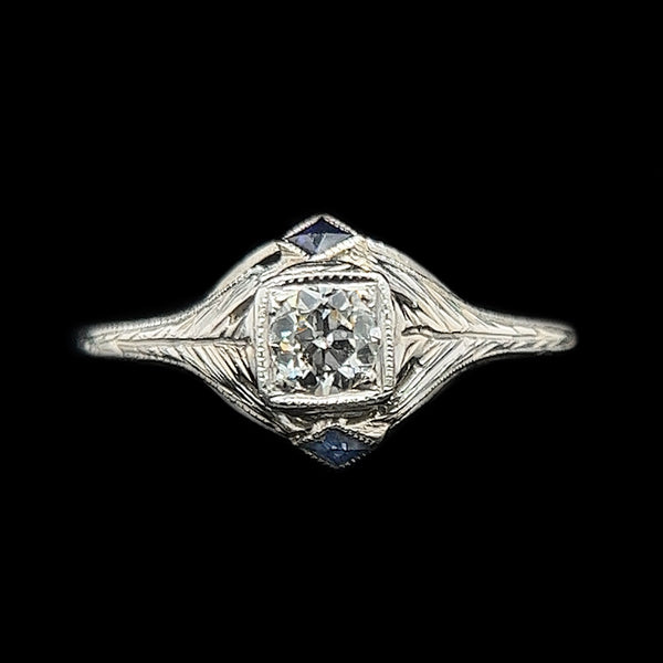 Art Deco .25ct. Diamond & Sapphire Antique Engagement - Fashion Ring 18K White Gold - J37157