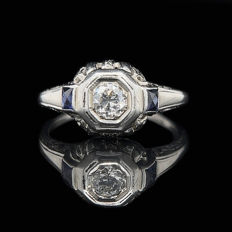 Art Deco .25ct. Diamond & Sapphire Antique Engagement - Fashion Ring 18K White Gold  - J37217