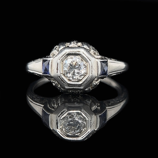 Art Deco .25ct. Diamond & Sapphire Antique Engagement - Fashion Ring 18K White Gold- J37217