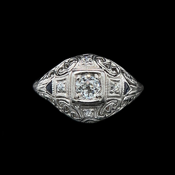 Art Deco .25ct. Diamond & Sapphire Antique Engagement - Fashion Ring 18K White Gold - J37376