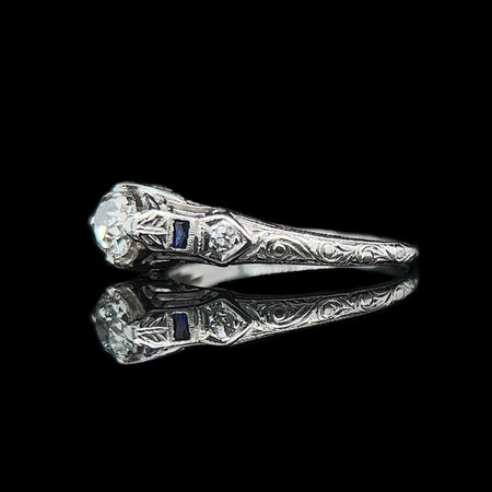 Edwardian .50ct. Diamond & Sapphire Antique Engagement - Fashion Ring Platinum - J37409