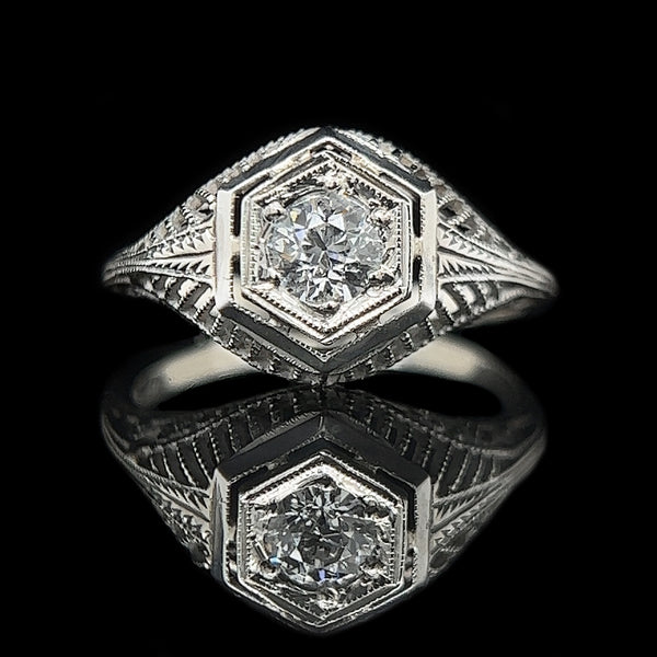 Art Deco .35ct. Diamond & 18K White Gold Antique Engagement - Fashion Ring - J37829