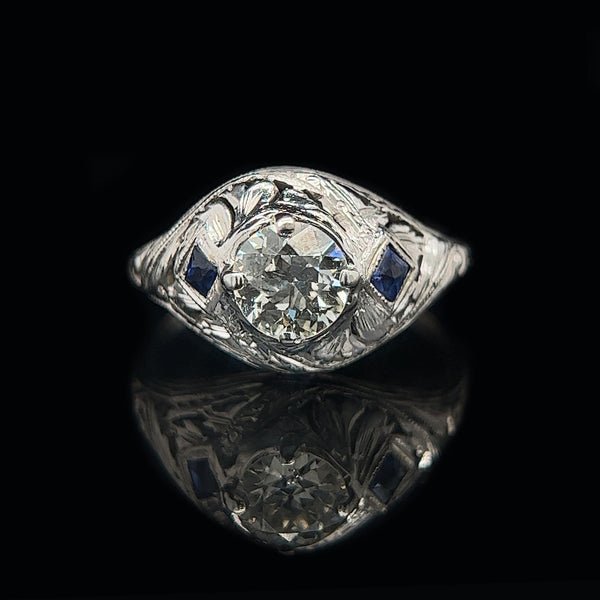 Edwardian .85ct. Diamond & Sapphire Antique Engagement - Fashion Ring 18K White Gold - J37842