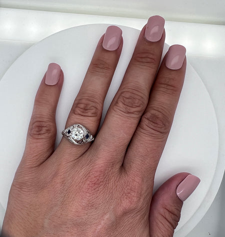 Edwardian .85ct. Diamond & Sapphire Antique Engagement - Fashion Ring 18K White Gold - J37842