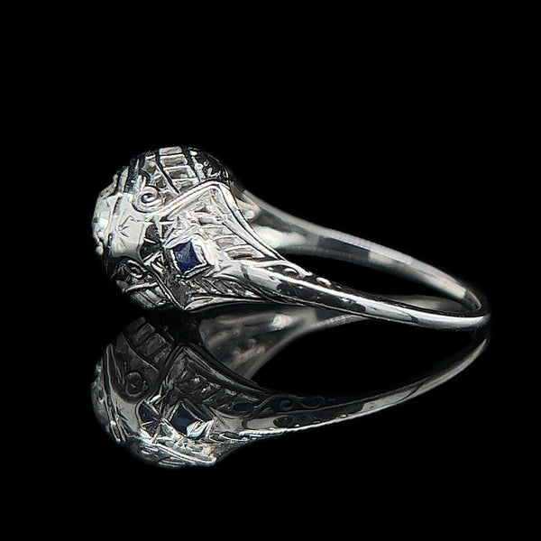 Art Deco .25ct. Diamond & Sapphire Antique Engagement - Fashion Ring 18K White Gold - J37879