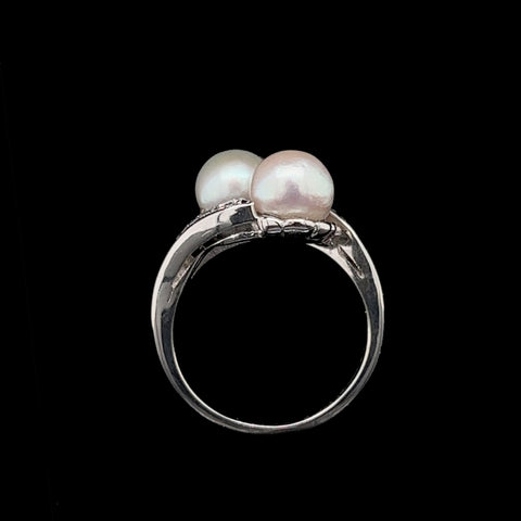 Art Deco Akoya 7mm-7.1mm Pearl & Diamond Bypass Antique Fashion Ring White Gold - J37888
