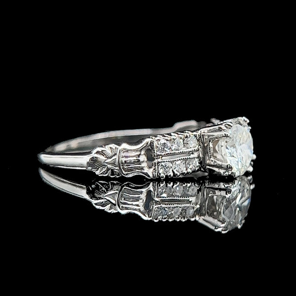 Art Deco .61ct. Diamond Antique Engagement Ring 18K White Gold - J37909