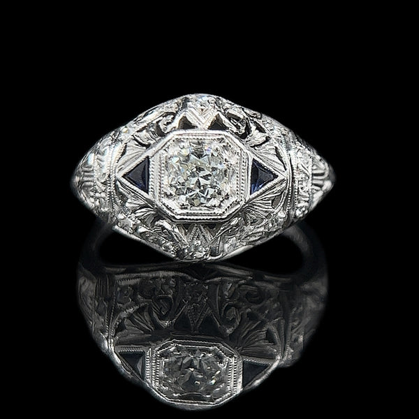 Art Deco .33ct. Diamond & Sapphire Antique Engagement - Fashion Ring Platinum - J37970