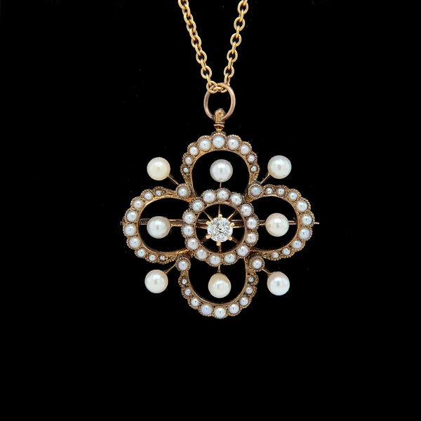 Edwardian 1-3.5mm Pearl & .20ct. Diamond Antique Necklace - Brooch Birks Yellow Gold - J37982