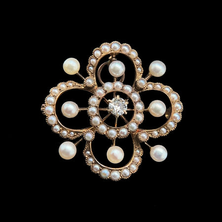 Edwardian 1-3.5mm Pearl & .20ct. Diamond Antique Necklace - Brooch Birks Yellow Gold - J37982
