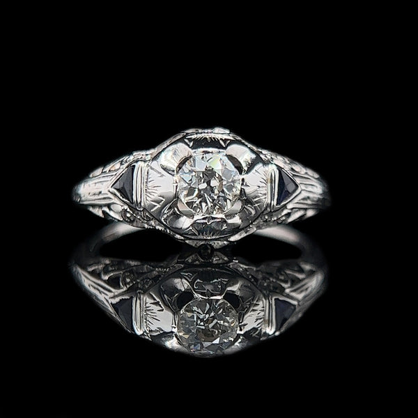 Art Deco .30ct. Diamond & Sapphire Antique Engagement - Fashion Ring 18K White Gold - J37997