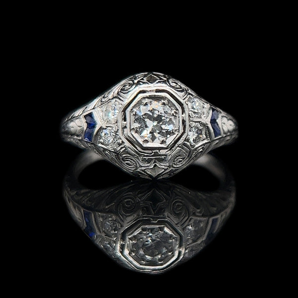 Art Deco .33ct. Diamond & Sapphire Antique Engagement - Fashion Ring Platinum - J38015