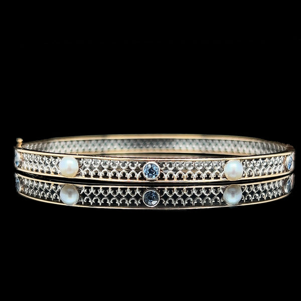 Edwardian .33ct. T.W. Sapphire & Pearl Antique Bangle Bracelet Yellow Gold & Platinum - J38029