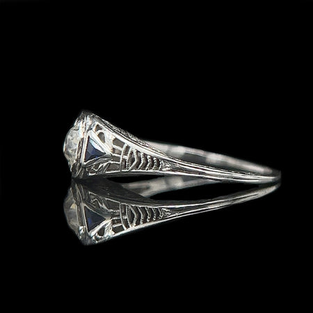 Art Deco .33ct. Diamond & Sapphire Antique Engagement - Fashion Ring 18K White Gold - J39022