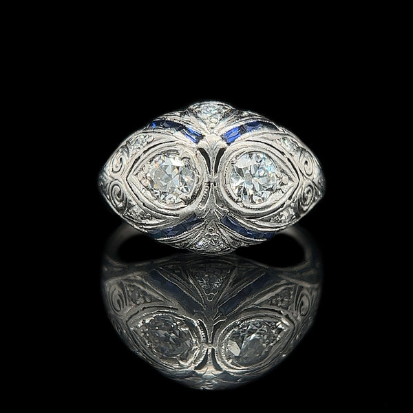 Art Deco .50ct. T.W. Diamond & Sapphire Antique Engagement - Fashion Ring 18K White Gold - J39064