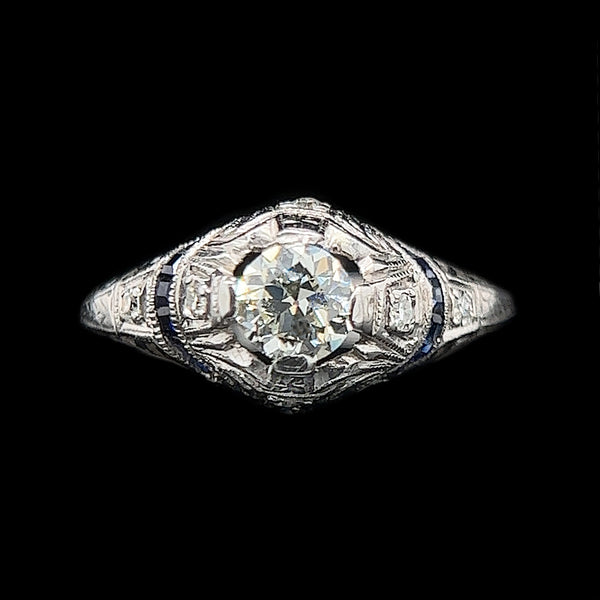 Art Deco .40ct. Diamond & Sapphire Antique Engagement - Fashion Ring Platinum - J39085