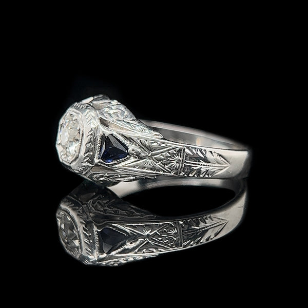 Art Deco .40ct. Diamond & Sapphire Antique Engagement - Fashion Ring 18K White Gold Belais - J39307