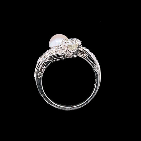 Art Deco .75ct. Diamond & Pearl Antique Wedding - Fashion Ring White Gold - J39314