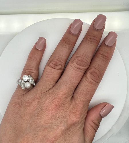 Art Deco .75ct. Diamond & Pearl Antique Wedding - Fashion Ring White Gold - J39314
