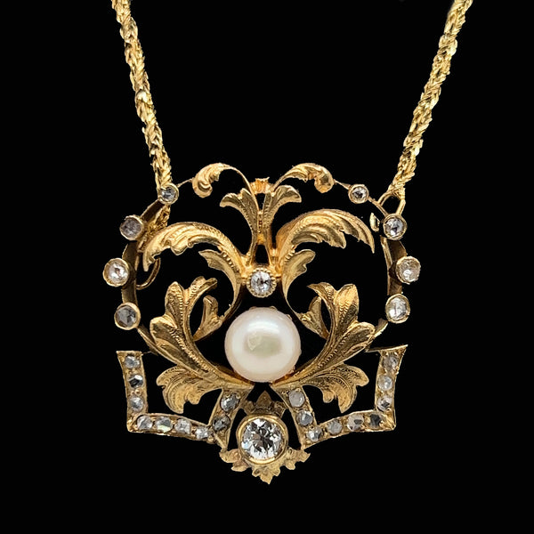 Art Nouveau 6.5mm Pearl & .67ct. T.W. Diamond Antique Necklace 22K Yellow Gold - J40129