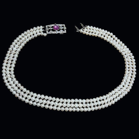 Art Deco 3.33ct. Star Ruby & 2.00ct. T.W. Diamond Antique Clasp & 3-Strand Estate Pearl Necklace Platinum - J40190