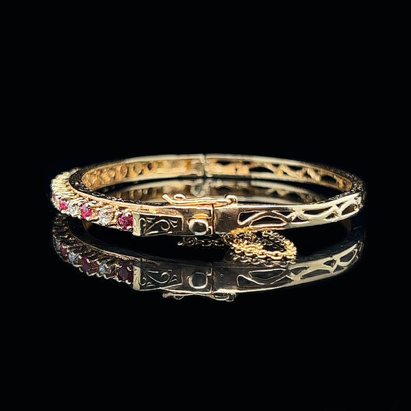 Vintage, Bangle Bracelet, Ruby, Diamond, 14K Yellow Gold