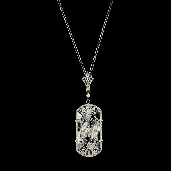 Edwardian .06ct. T.W. Diamond & .16ct. T.W. Sapphire Antique Necklace White Gold - J40248