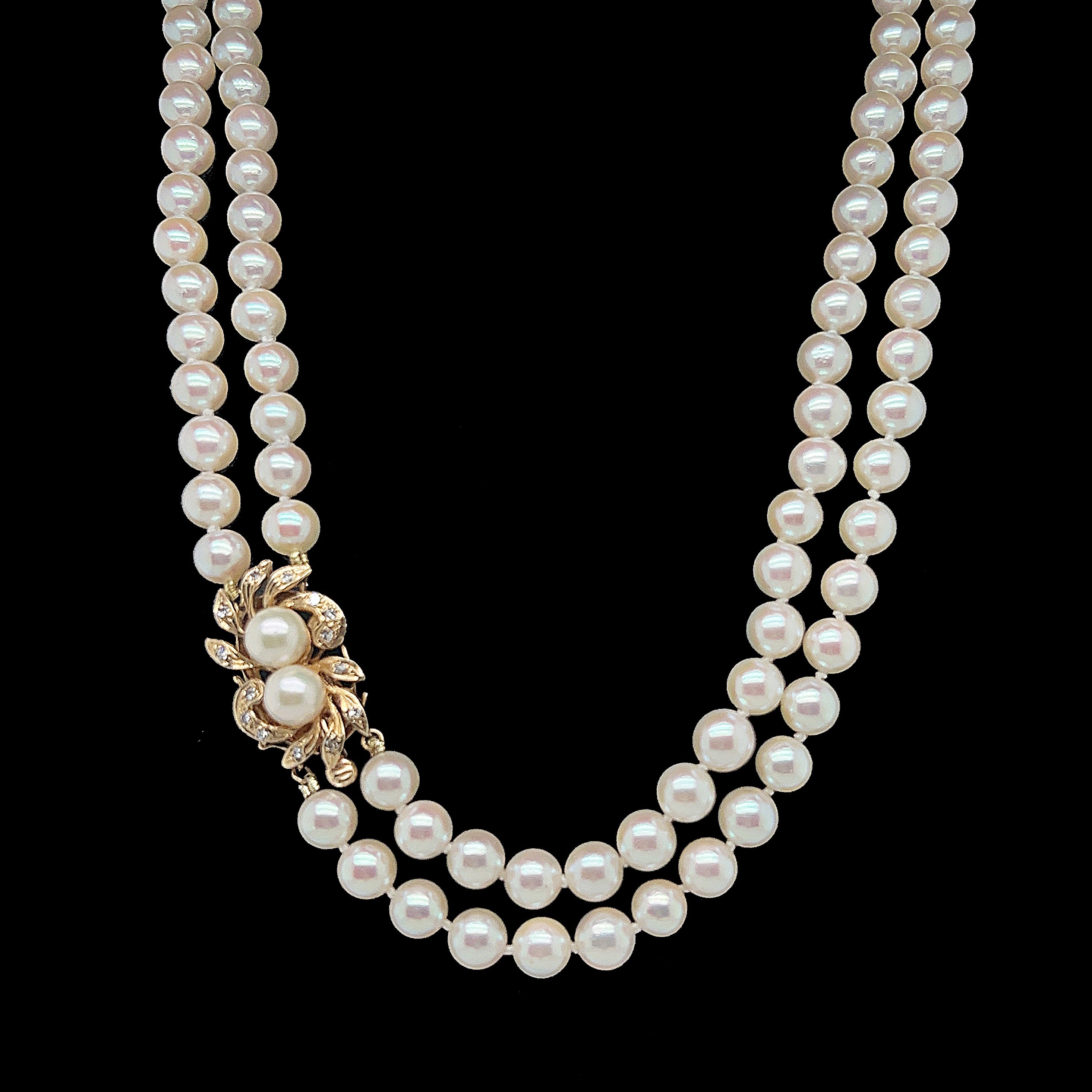 Estate 10k white gold double strand akoya pearl necklace