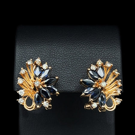 1.20ct. T.W. Sapphire & .45ct. T.W. Diamond Vintage Earrings 18K Yellow Gold - J40296