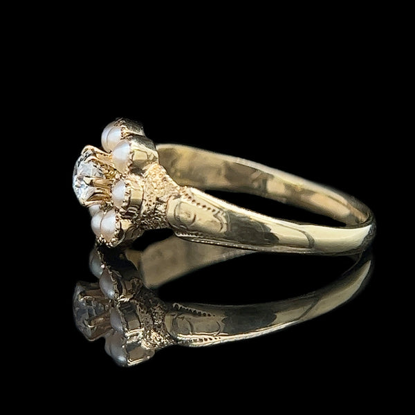 Edwardian .16ct. Diamond & Seed Pearl Antique Wedding - Fashion Ring Yellow Gold - J42312