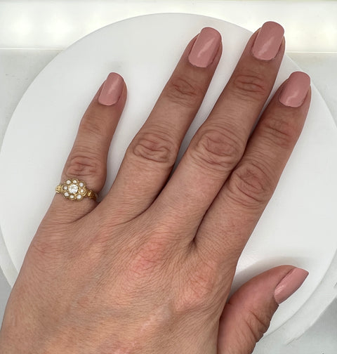 Edwardian .16ct. Diamond & Seed Pearl Antique Wedding - Fashion Ring Yellow Gold - J42312