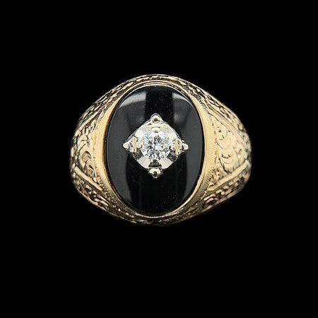 .18ct. T.W. Diamond & Onyx Gents Vintage Wedding - Fashion Ring 10K Yellow & White Gold - J42476