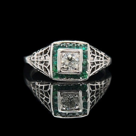 Art Deco .18ct. Diamond & Emerald Antique Engagement - Fashion Ring 18K White Gold - J42481