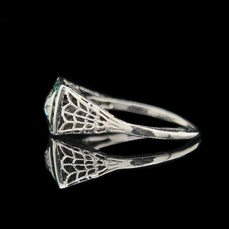 Art Deco .18ct. Diamond & Emerald Antique Engagement - Fashion Ring 18K White Gold - J42481