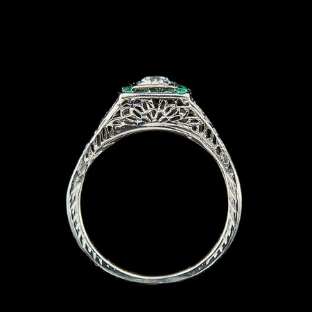 Art Deco .18ct. Diamond & Emerald Antique Engagement - Fashion Ring 18K White Gold - J42481