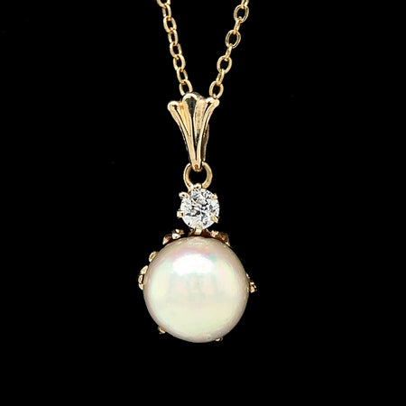 8mm Akoya Cultured Pearl & Diamond Estate Necklace Yellow Gold - J42574