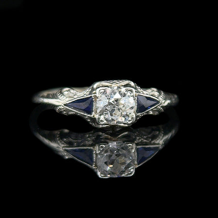 Art Deco .30ct. Diamond & Sapphire Antique Engagement - Fashion Ring 18K White Gold - J42595