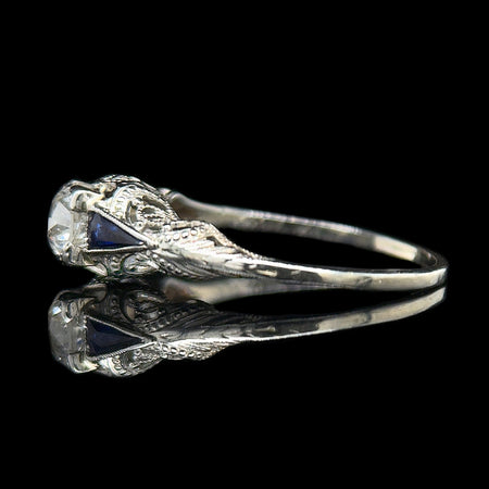 Art Deco .30ct. Diamond & Sapphire Antique Engagement - Fashion Ring 18K White Gold - J42595