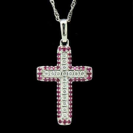 .20ct. T.W. Ruby & Diamond Estate Cross Necklace White Gold - J42643